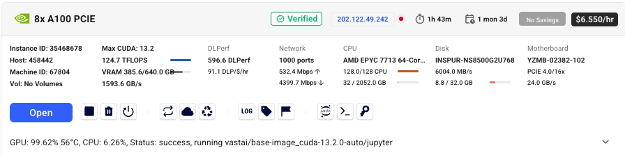 8 A100 GPUs on vast.ai